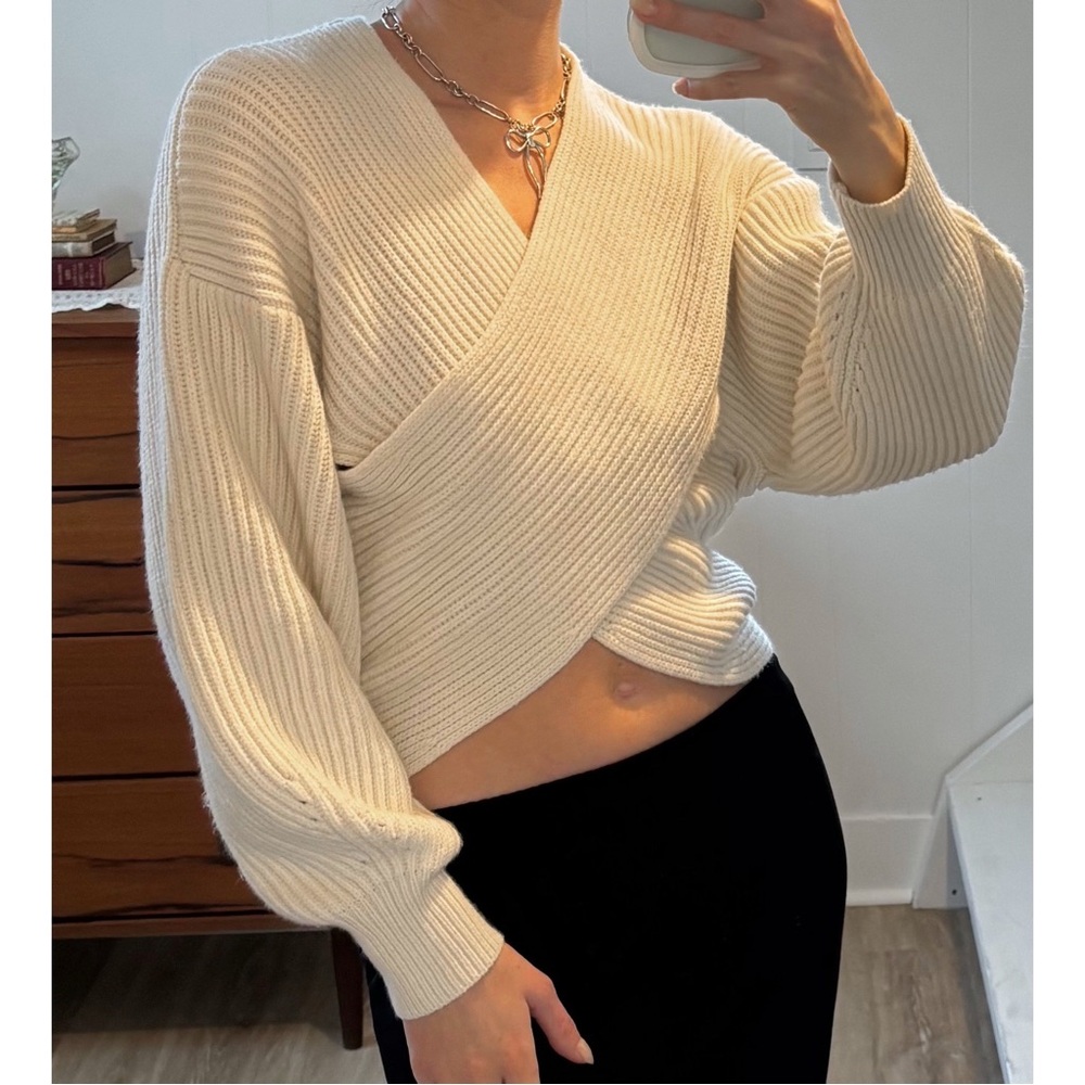 Criss cross cream v neck cropped wrap ribbed knit sweater